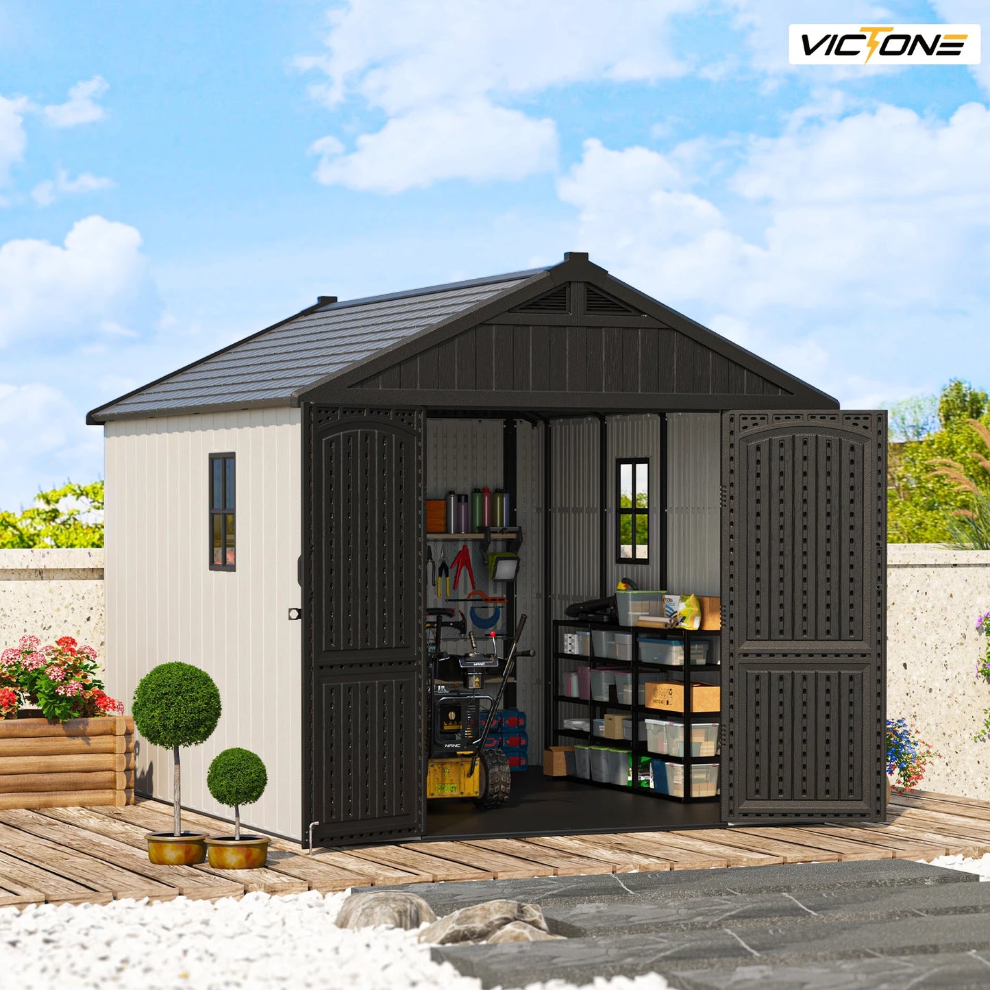 Victone 8x10 Plastic Outdoor Storage Shed With Floor Window Lockable Door Beige