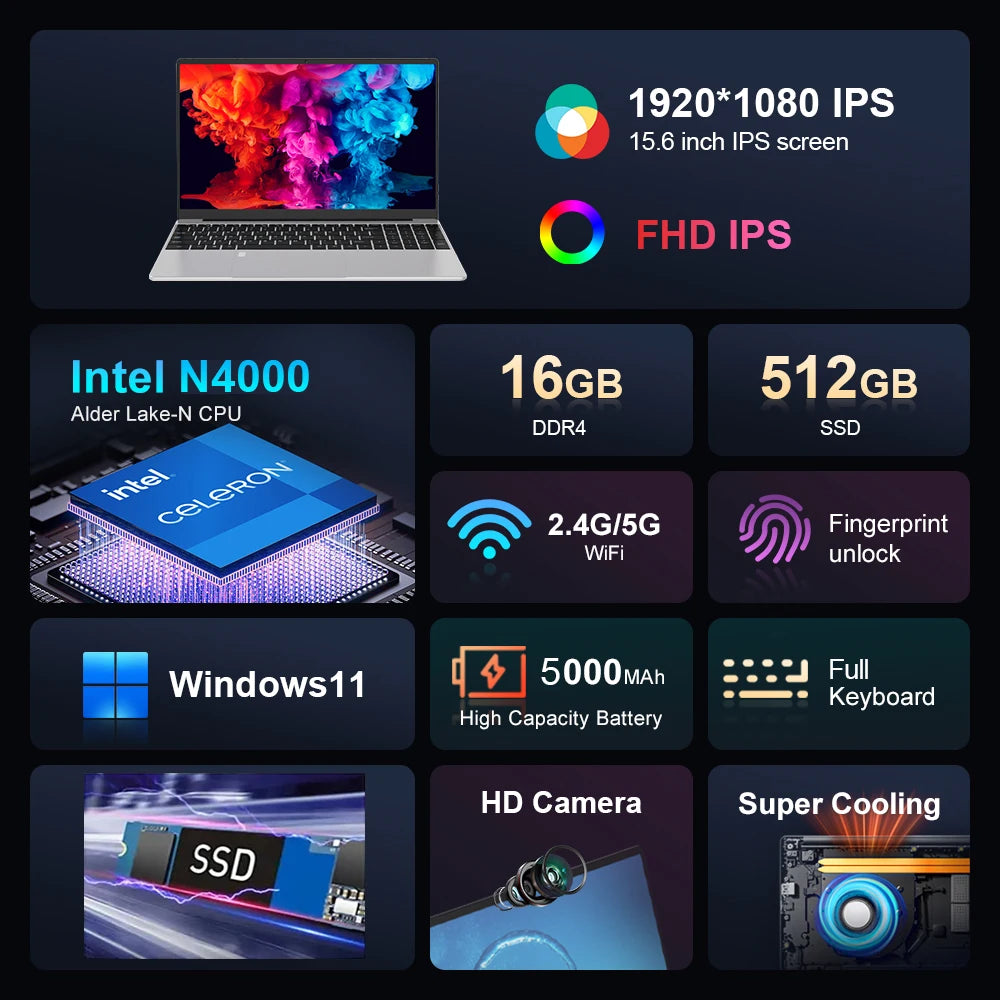 Intel Notebook PC Gamer 15.6 Inch Ultra Slim Laptop Intel Celeron N4000 16GB RAM 1TB 2TB SSD Office Study Computer Windows 11 Pro
