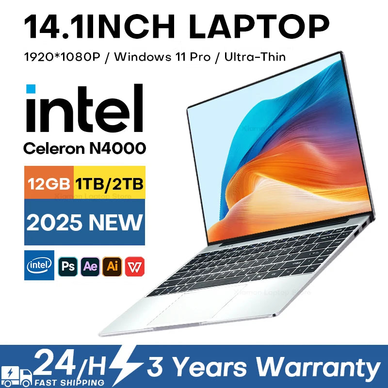 Ultra Slim Windows 11 Laptop Computer 14.1 Inch 12GB DDR4 1TB SSD Intel N4000 Notebook Gamer 1920x1080 Office Study PC