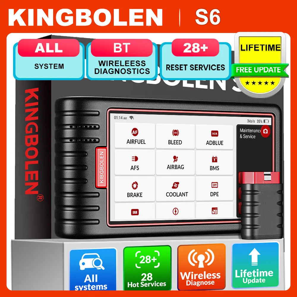 Kingbolen S6 OBD2 Scanner Bluetooth All System Code Reader Car Diagnostic Tool Auto VIN 28 Plus Maintenance SAS BMS TPMS Scan Tool