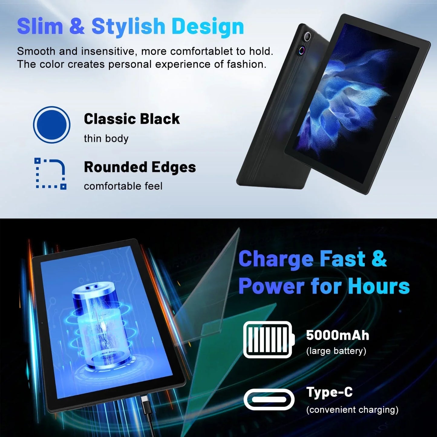 Bestski 10.1in Android 14 Tablet Octa Core 10GB RAM 64GB ROM Dual Cameras Black