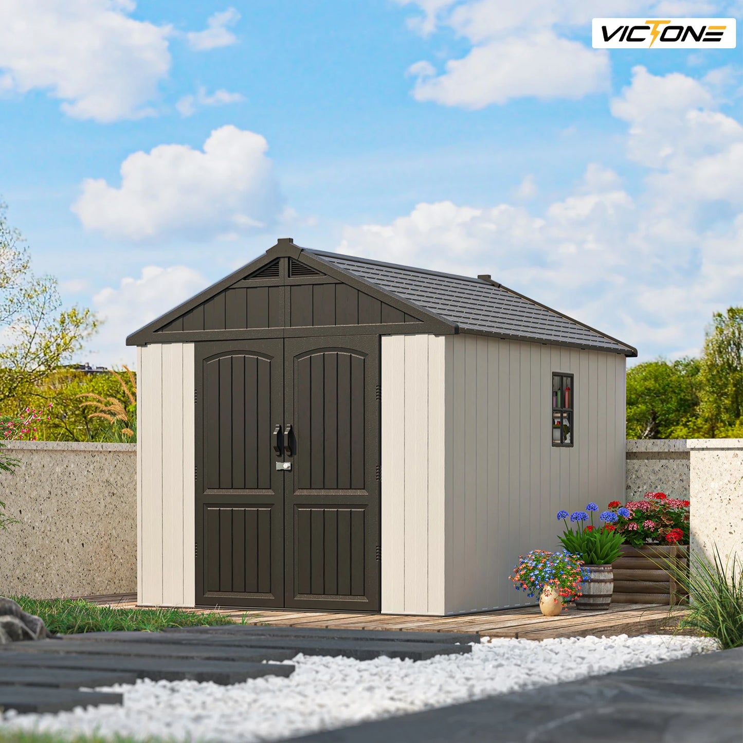 Victone 8x10 Plastic Outdoor Storage Shed With Floor Window Lockable Door Beige
