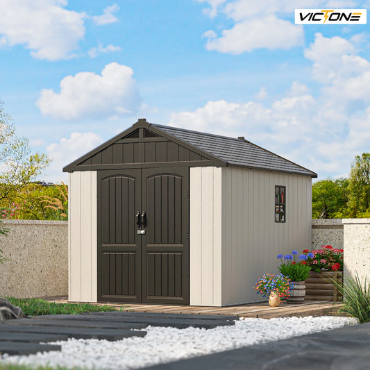 Victone 8x10 Plastic Outdoor Storage Shed With Floor Window Lockable Door Beige