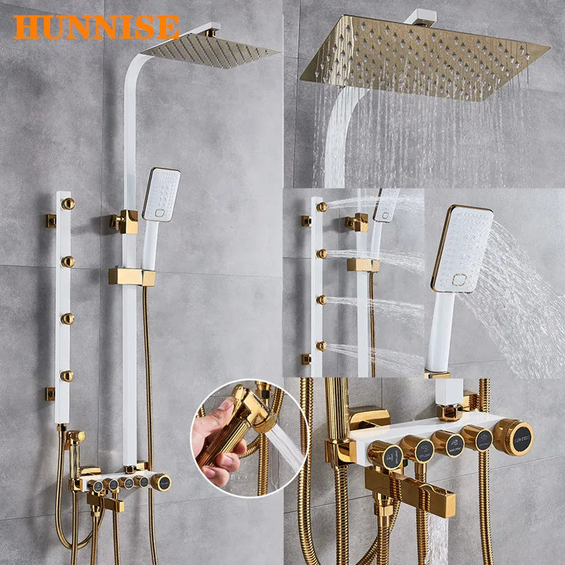 Bathroom Shower Set Multifunction White Gold Back Chest Spray Shower System Rainfall Shower Head 12 Inch Bath Shower Mixer Set