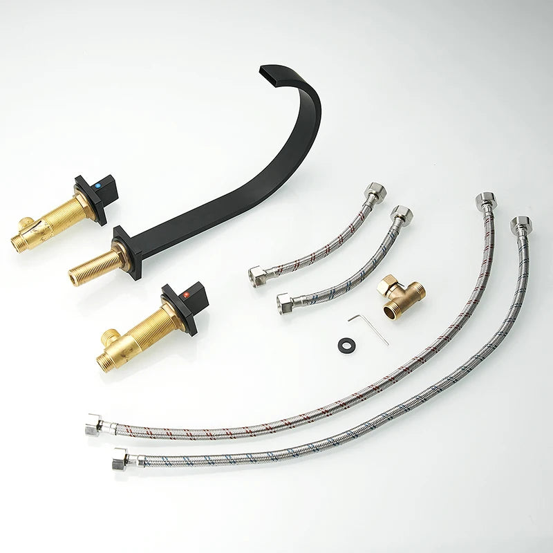 Polished Black Brass Deck Mounted Square Basin Faucet 8 Inch Widespread Hot Cold