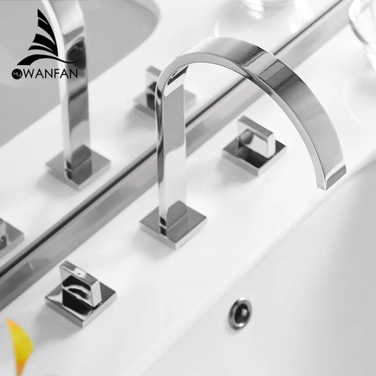 Polished Black Brass Deck Mounted Square Basin Faucet 8 Inch Widespread Hot Cold