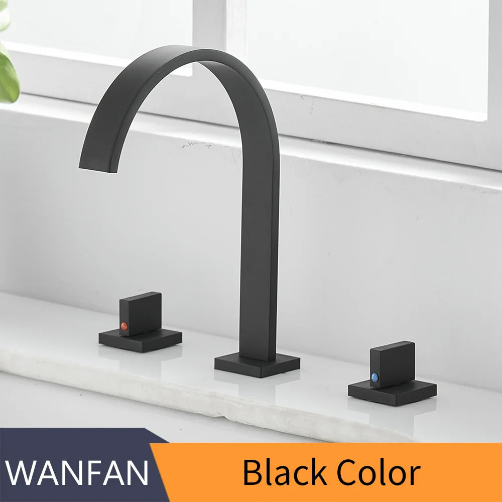 Polished Black Brass Deck Mounted Square Basin Faucet 8 Inch Widespread Hot Cold