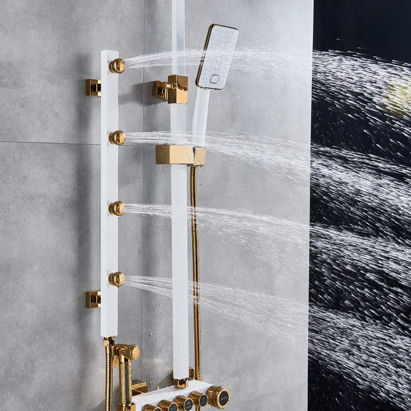 Bathroom Shower Set Multifunction White Gold Back Chest Spray Rainfall Shower Head 12 Inch Bath Shower Mixer Set