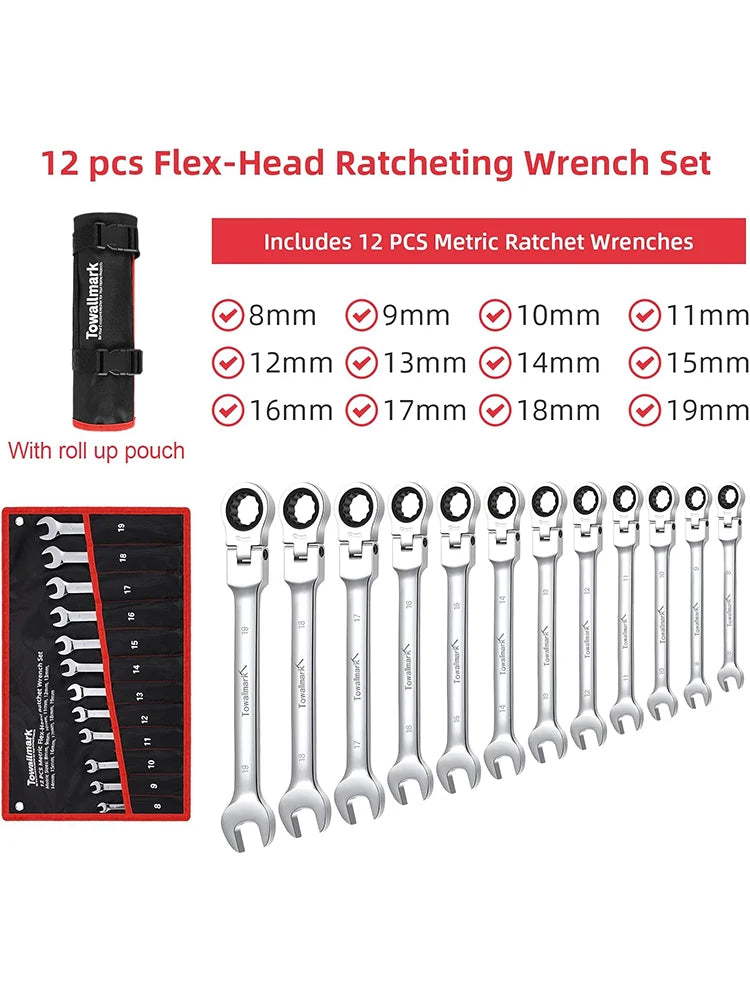 12 Piece Ratcheting Flex Head Wrench Set 8 To 19mm 72T Crv