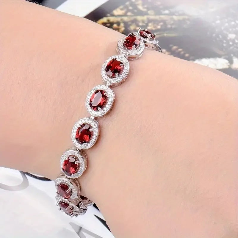S925 Sterling Silver Garnet Bracelet Natural Red Stone Minimalist Gift For Her