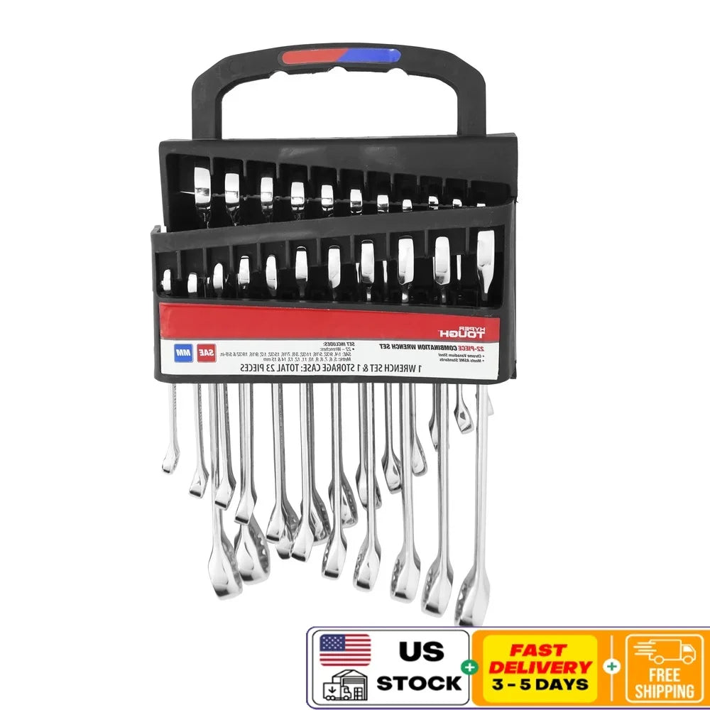 22 Piece Metric SAE Combination Wrench Set Chrome Finish