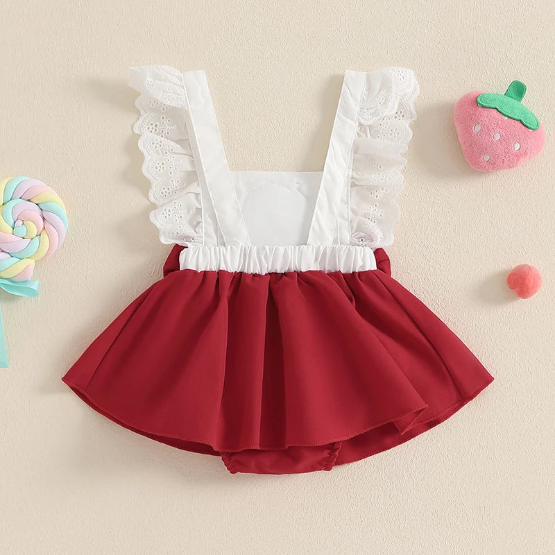 Infant Girls Rompers Dress with Cute Strawberry Embroidery Bow Lace Fly Sleeve Skirt Hem Adorable Summer Bodysuits