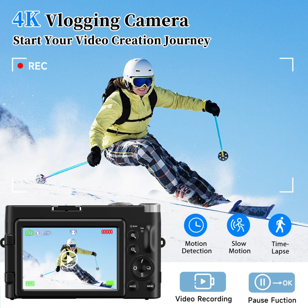 Zostuic 4K Digital Camera Autofocus 48MP Vlogging Camera with 3 Inch 180 Degree Flip Screen 16X Digital Zoom