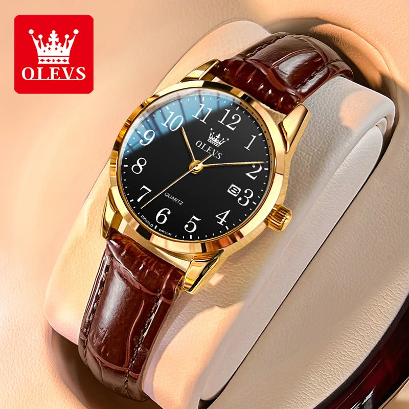 OLEVS Fashion Quartz Watch for Men and Women Leather Strap Waterproof Original Arabic Numeral Scale Perfect Gift for Elders