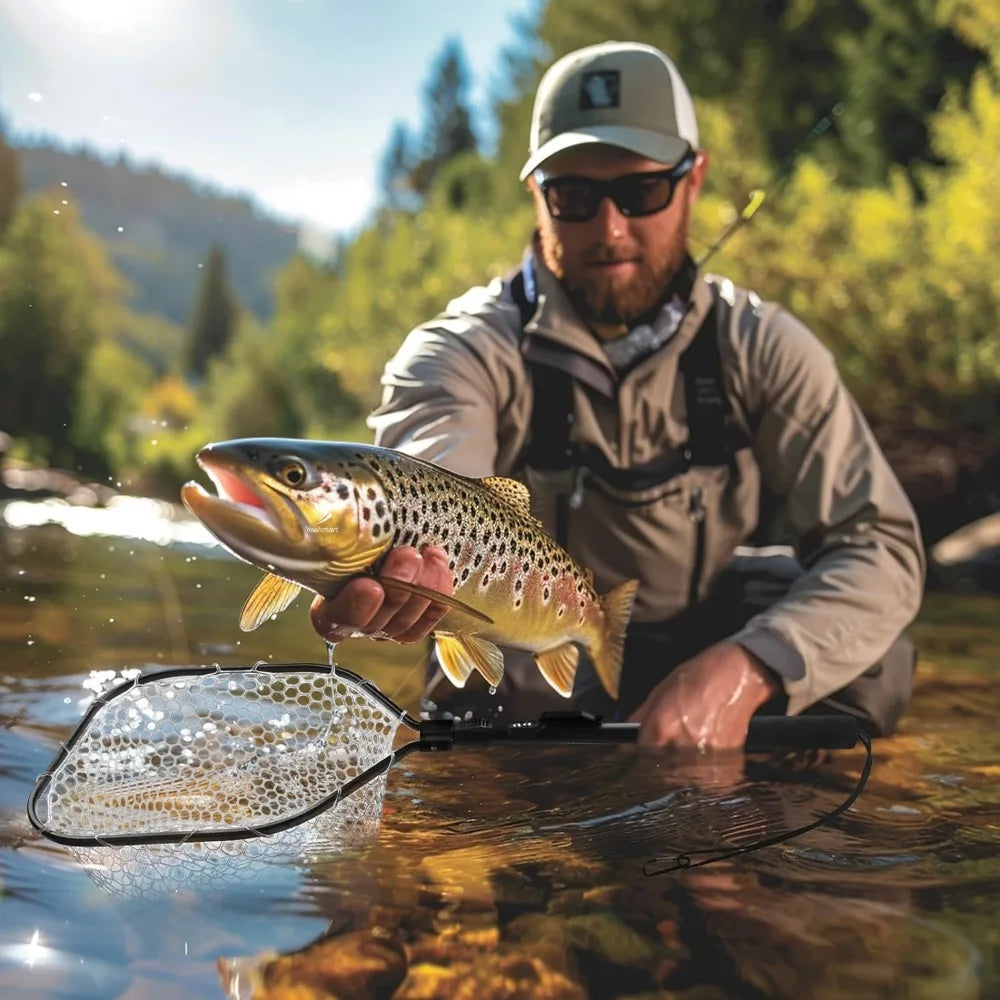 Fly Fishing Landing Net With Soft Rubber Mesh Aluminum Handle Frame Lightweight Portable Catch Release Trout Bass Net