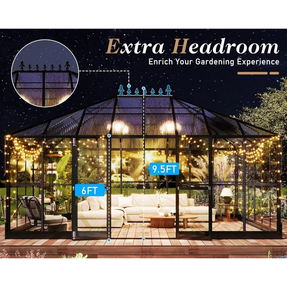 16x12x9.5 FT Pavilion Styled Greenhouse with Clear Panels Double Swing Doors and 4 Vents Hybrid Polycarbonate Greenhouse