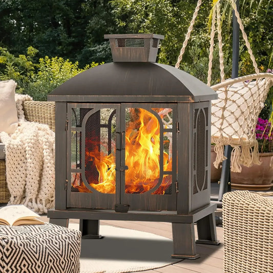 45 Inch H by 31 Inch W Metal Chiminea Fire Pit with Grill Wood Burning Fire Pit for Outside Square Chiminea Fireplace with Mesh Spark Screen Door and Fire Poker for Garden Yard BBQ Bonfire