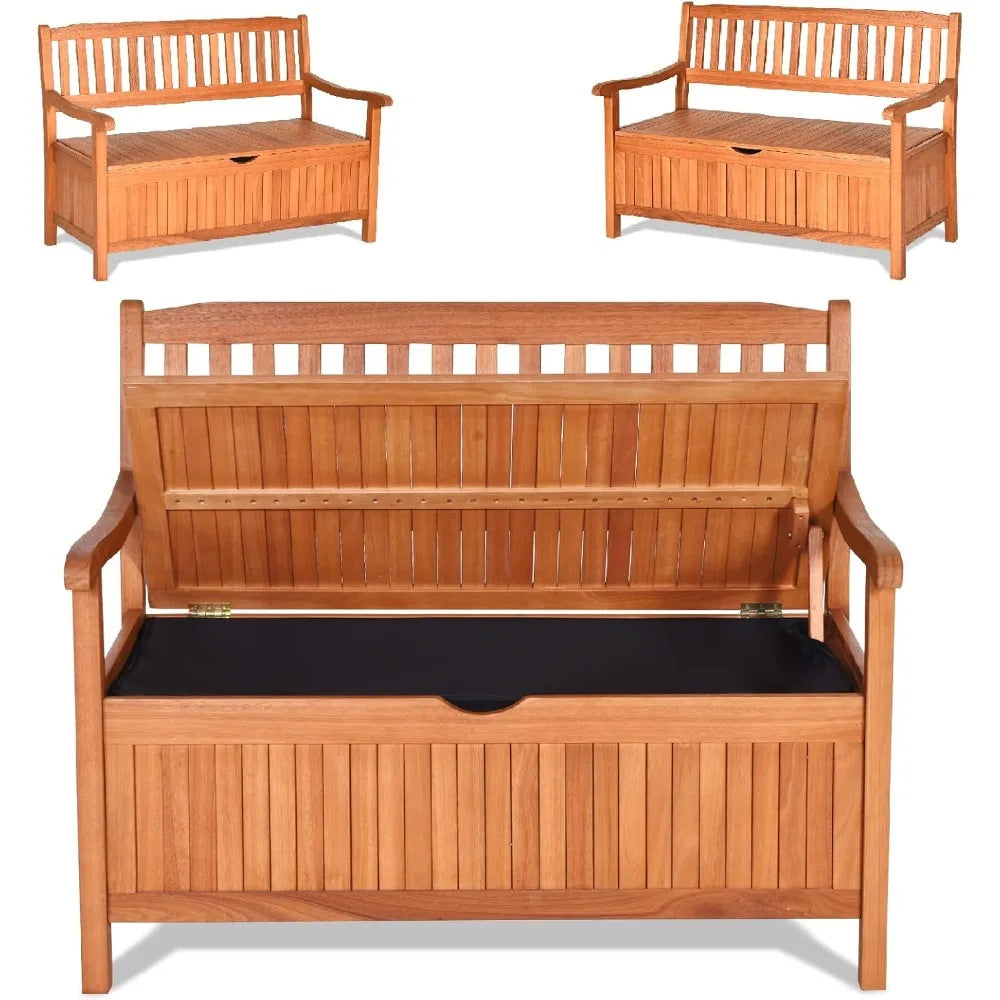 Safstar Outdoor Patio Bench With Storage Box Eucalyptus Wood Frame Natural Finish