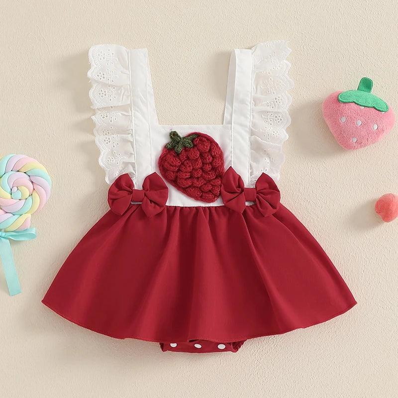 Infant Girls Rompers Dress with Cute Strawberry Embroidery Bow Lace Fly Sleeve Skirt Hem Adorable Summer Bodysuits