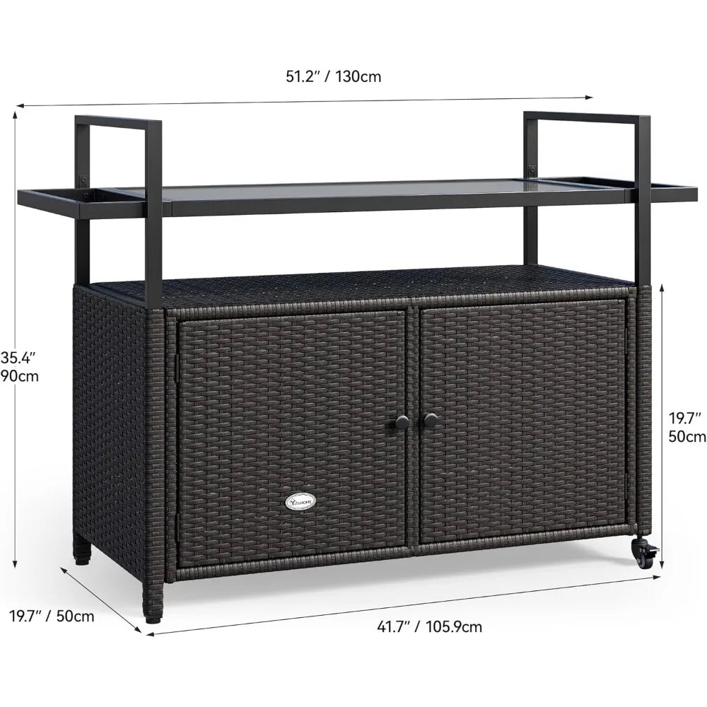 Large Outdoor Kitchen Wicker Island Rolling Cart and Patio Bar Table with Wheels and Black Glass Table Top for Backyard and Poolside Use