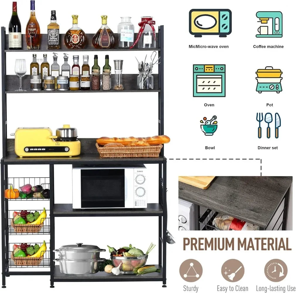 Kitchen Bakers Rack with Baskets 5 Tier Kitchen Utility Storage Shelf with Hooks Microwave Oven Stand Rack