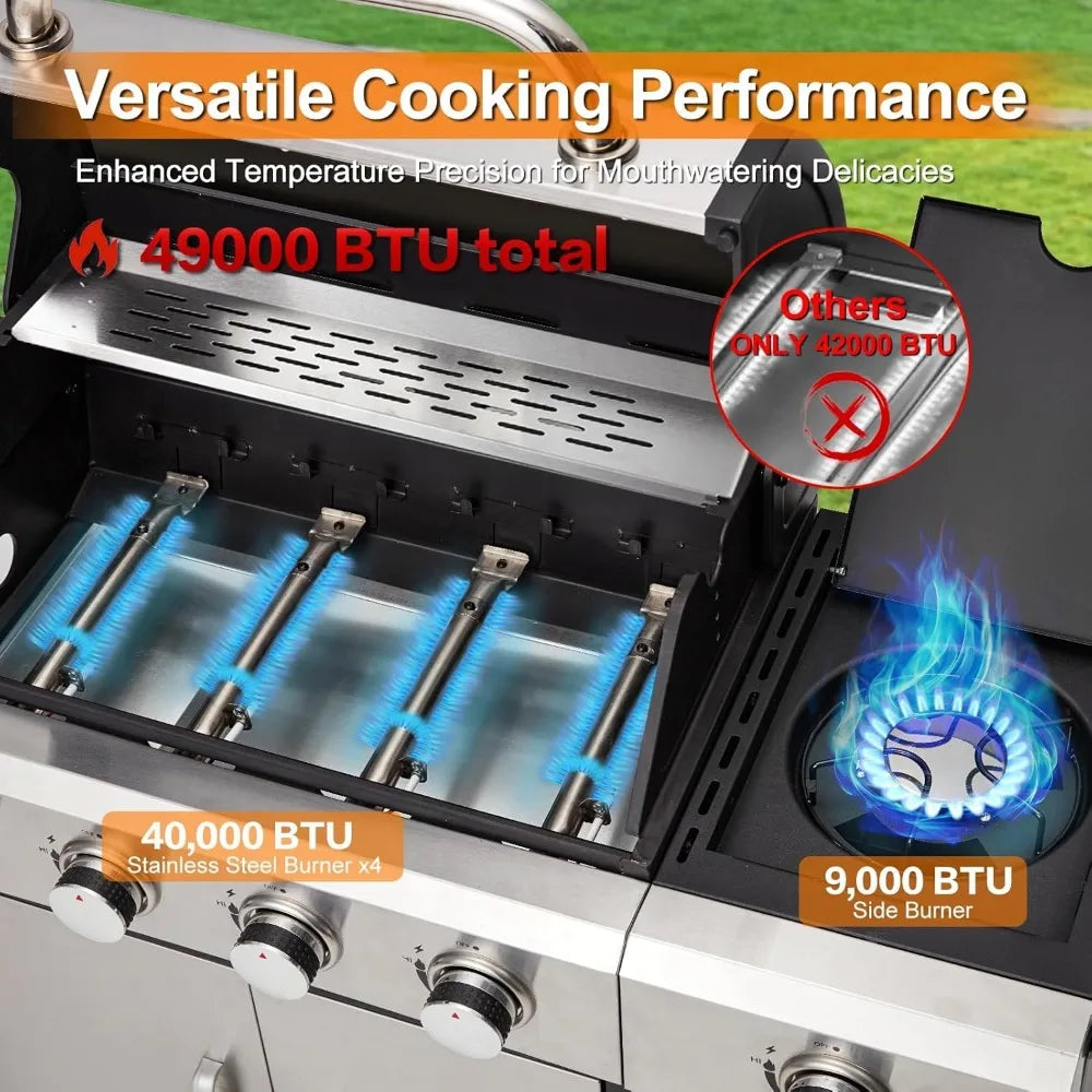 4-Burner Propane Gas Grill with Side Burner & Cabinet - 49,000 BTU Stainless Steel BBQ Grill, Porcelain-Enameled Cast Iron Grate