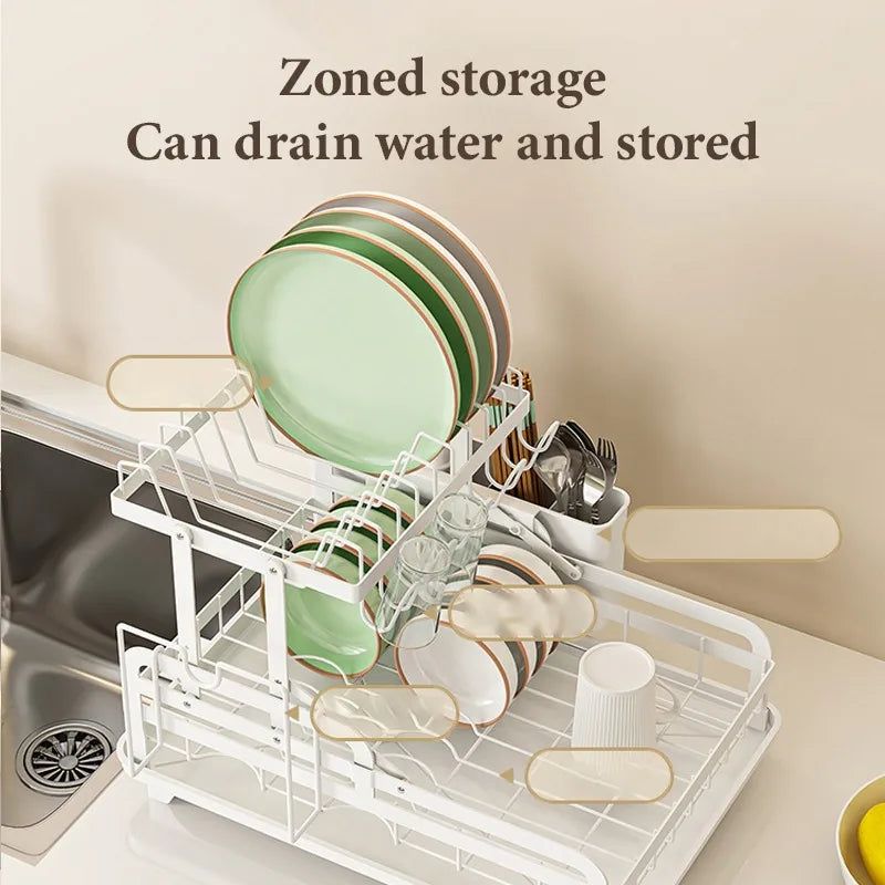 Kitchen Dish Rack 2 Tier Dish Drying Rack with Automatic Drainer Utensil Rack Cup Rack Large Dish Drainer for Kitchen Countertops Space Saving Durable