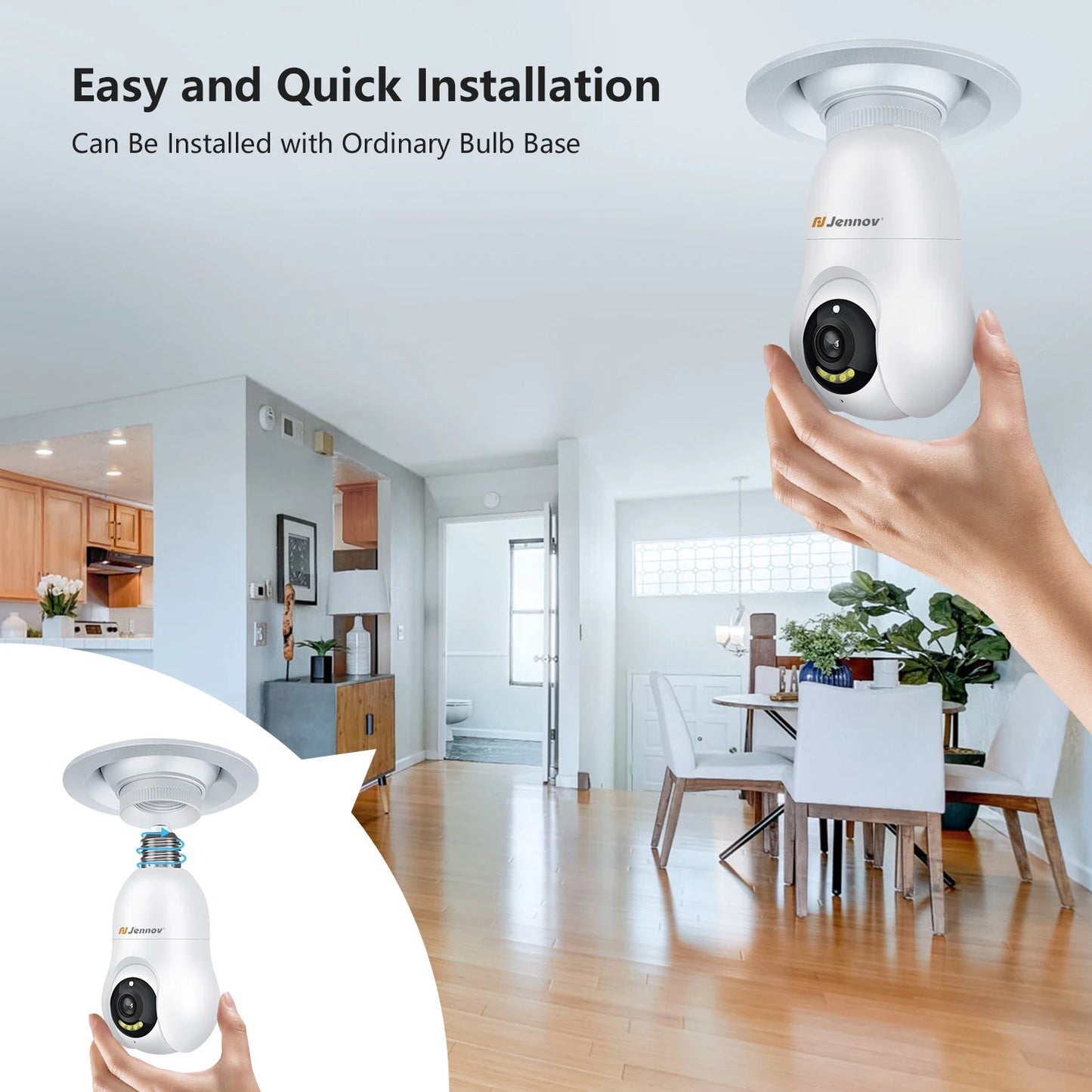 Jennov 2K 3MP Light Bulb Security Camera Wireless Outdoor 360 Degree Indoor Light Socket Camera