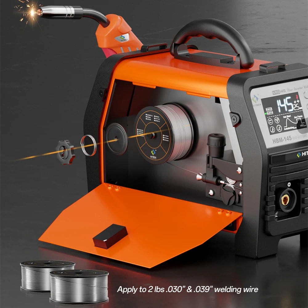 HITBOX 145A 4 in 1 Multi-process MlG Welder with Synergic Control 220V Stick ARC MMA/Gasless MIG/Lift TIG Support Spool Gun Large LED Display Hot Start Arc Force Anti-stick IGBT Inverter Welding Machine HBM145