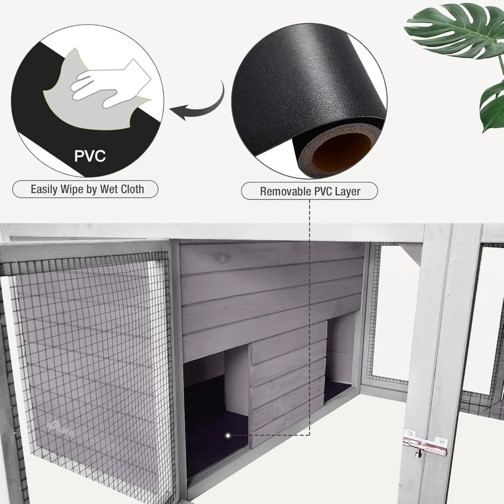 Large Wooden Chicken Coop and Rabbit Hutch Indoor Outdoor with Two Living Houses and PVC Layer for Chickens Ducks and Farm Animals