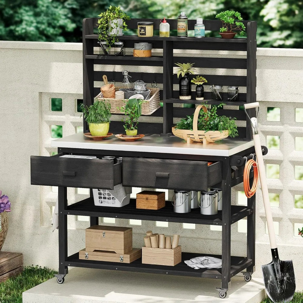 Outdoor Potting Bench With Lockable Wheels Stainless Steel Top And Towel Rack