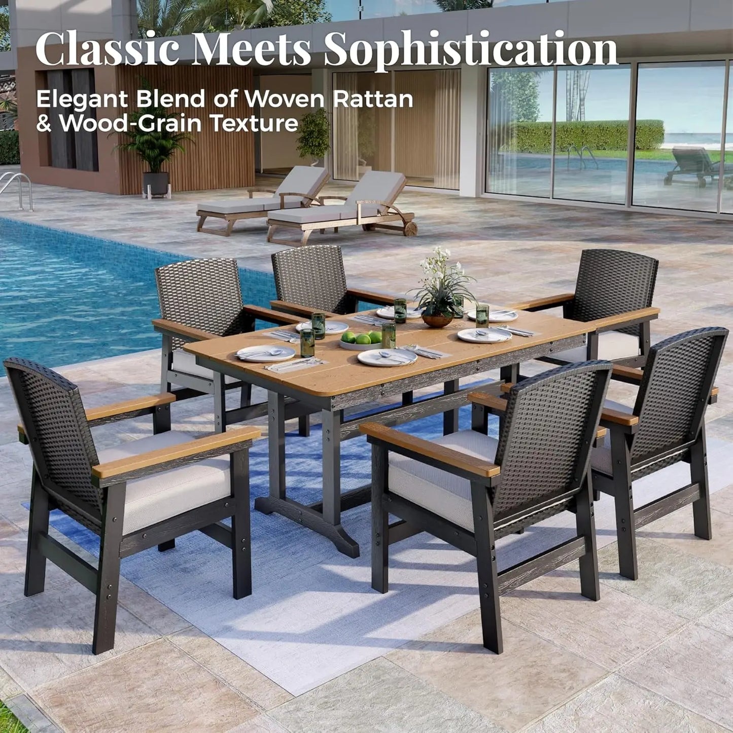 7 Piece Outdoor Patio Dining Set Table And Chairs HDPE Rattan Wicker