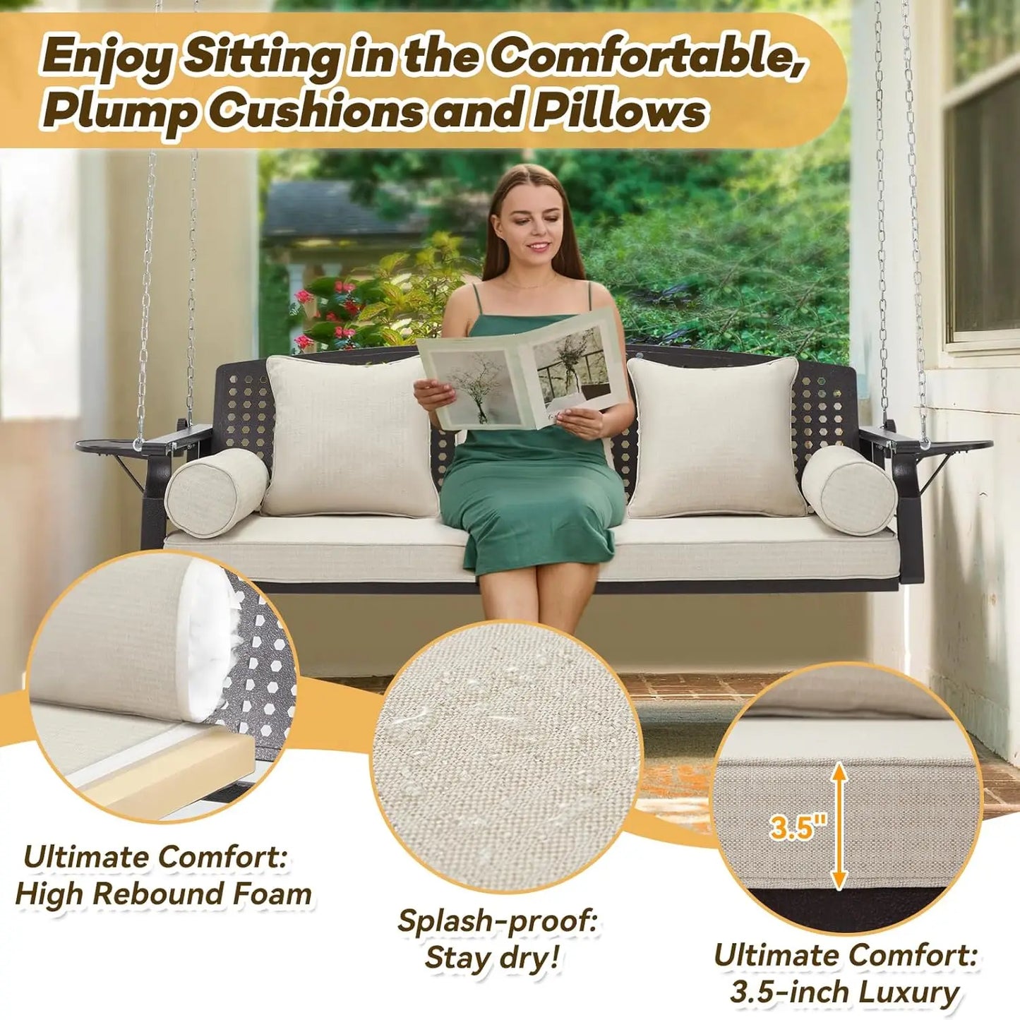 3 Seat Porch Swing With Cup Holders And Back Cushions For Deck Garden