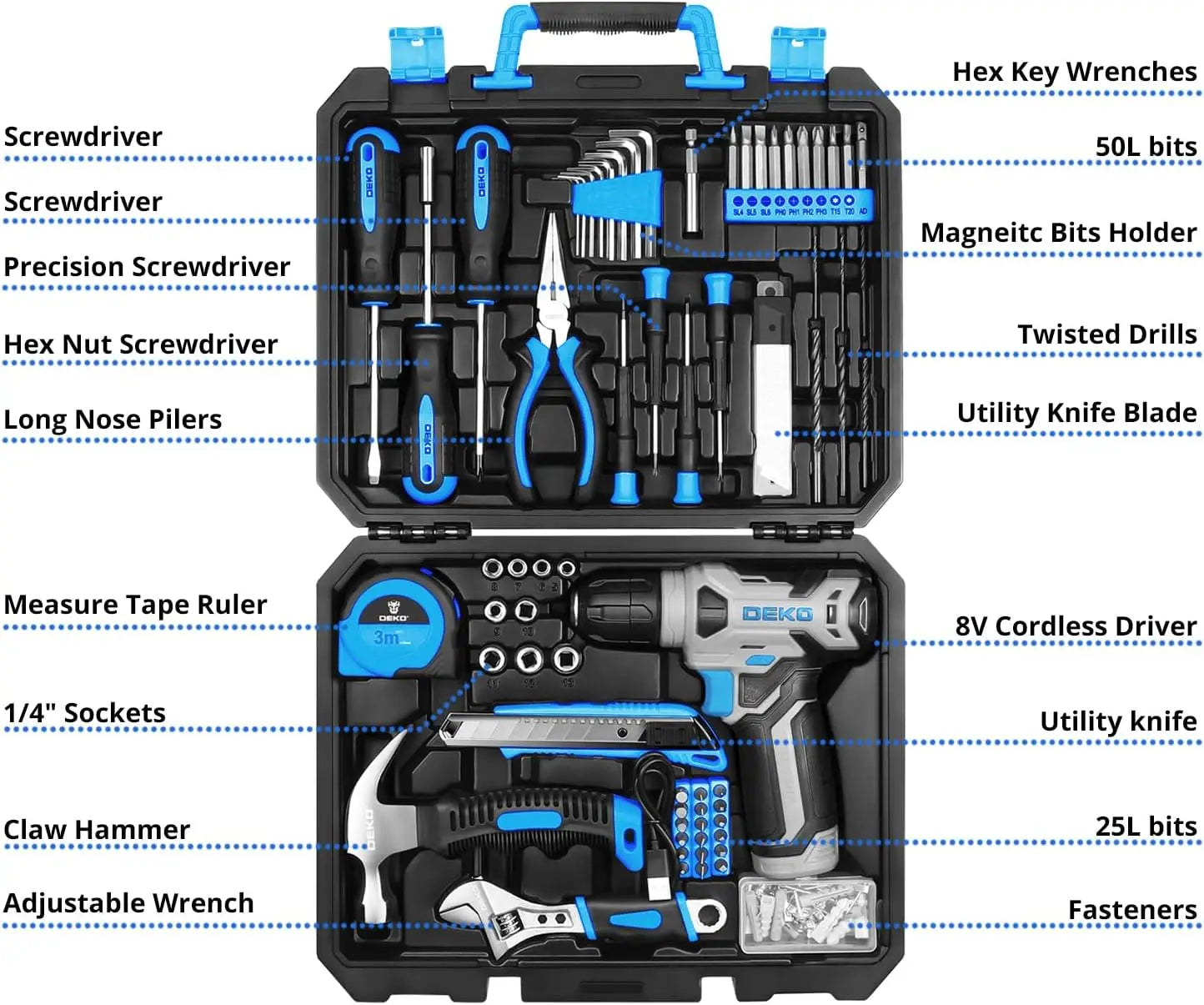 Deko Drill Set 126 Piece Tool Kit with 8V Blue Cordless Drill and Hand Tools for Women