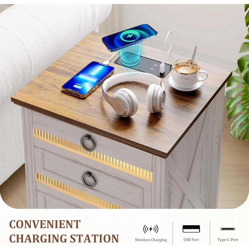 Farmhouse Night Stand with Gun Drawer Bedside Table with Charger Station LED Nightstand with Human Sensor Light Smart End Tab