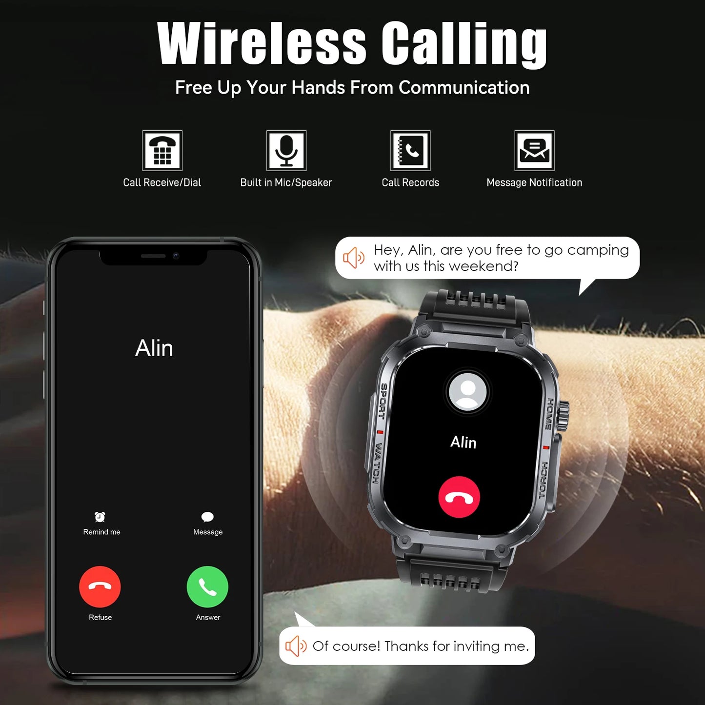 EIGIIS 2024 New Smart Watch Men 3ATM Waterproof 2.02 Inch S320B with Compass and LED Flashlight Sports Fitness Tracking Heart Rate