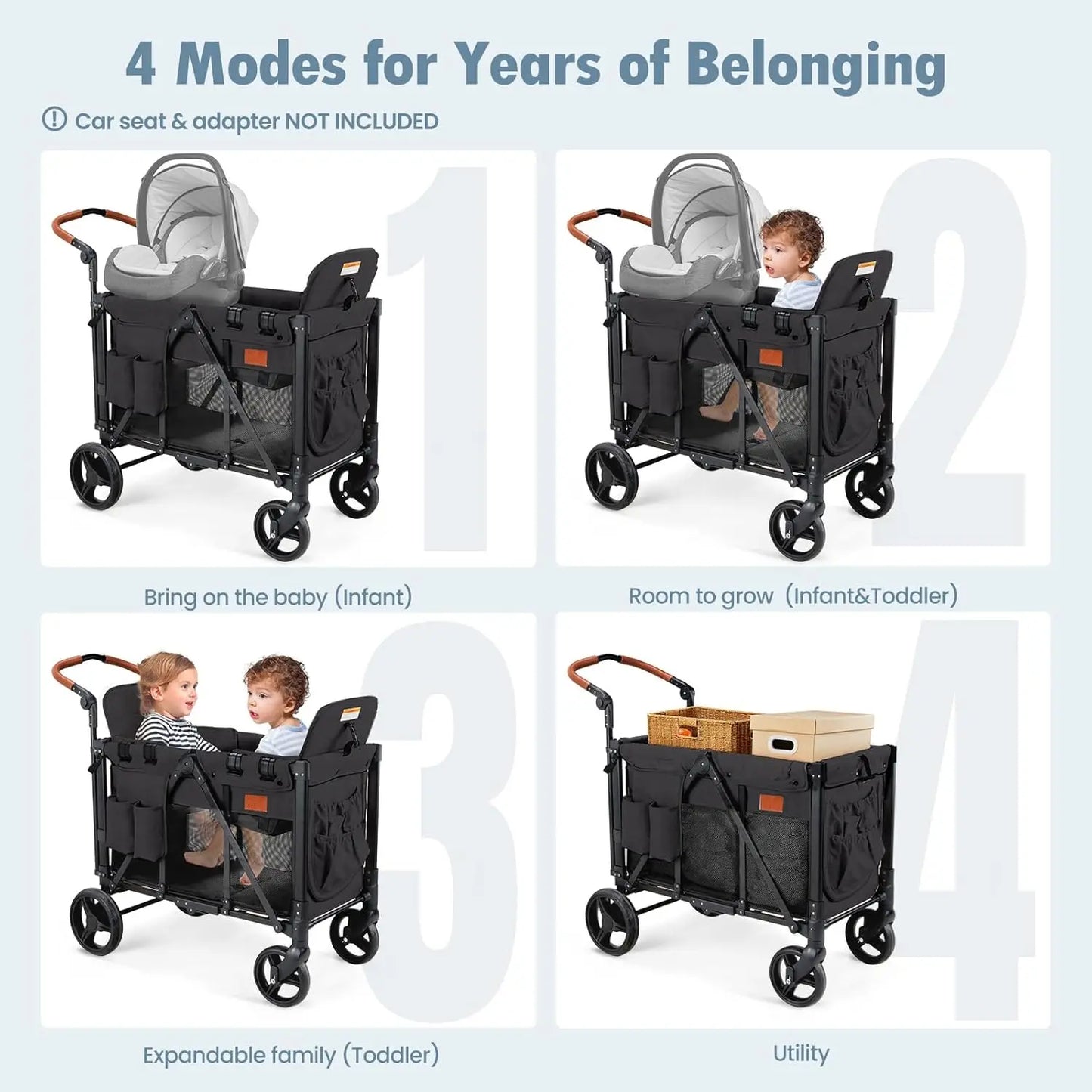 Wagon Stroller for 2 Kids High Seat and 5 Point Harness Foldable All Terrain Wagon for Toddler with Canopy Parent Organizer Adjustable Handlebar Black