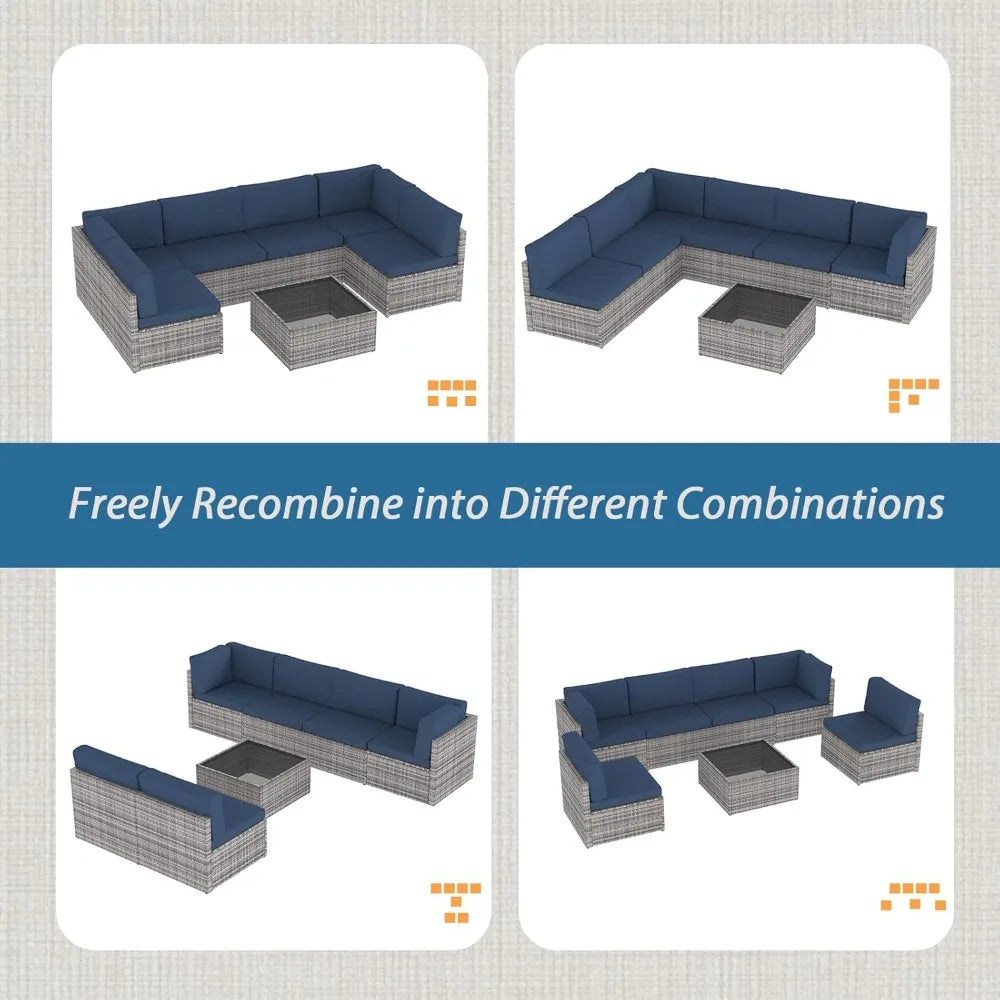 7 Piece Outdoor Patio Furniture Set Sectional Conversation Sofa with Coffee Table L Shape Design for Garden and Deck