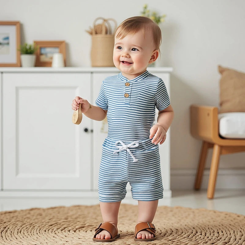 Toddler Boy Striped Shirt And Shorts Set V Neck Elastic