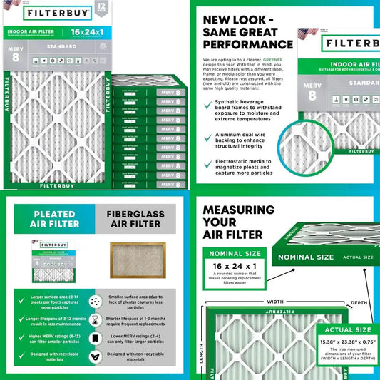 Electrostatic Pleated Air Filters MERV 8 MPR 700 16x24x1 Dust Defense 12 Pack