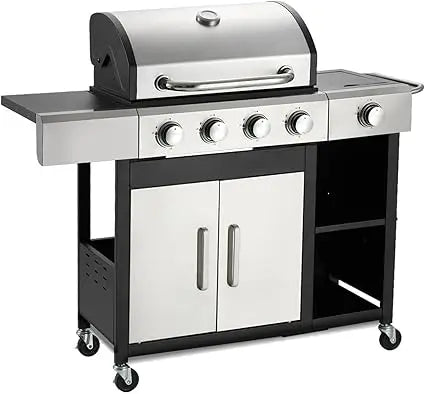 4-Burner Propane Gas Grill with Side Burner & Cabinet - 49,000 BTU Stainless Steel BBQ Grill, Porcelain-Enameled Cast Iron Grate