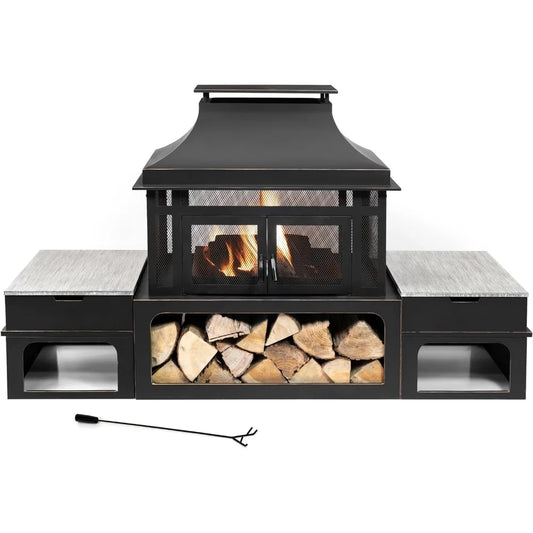 Rimasco 80 Inch Metal Wood Burner Fireplace with Side Storage Tables Smokeless Patio Fire Pit