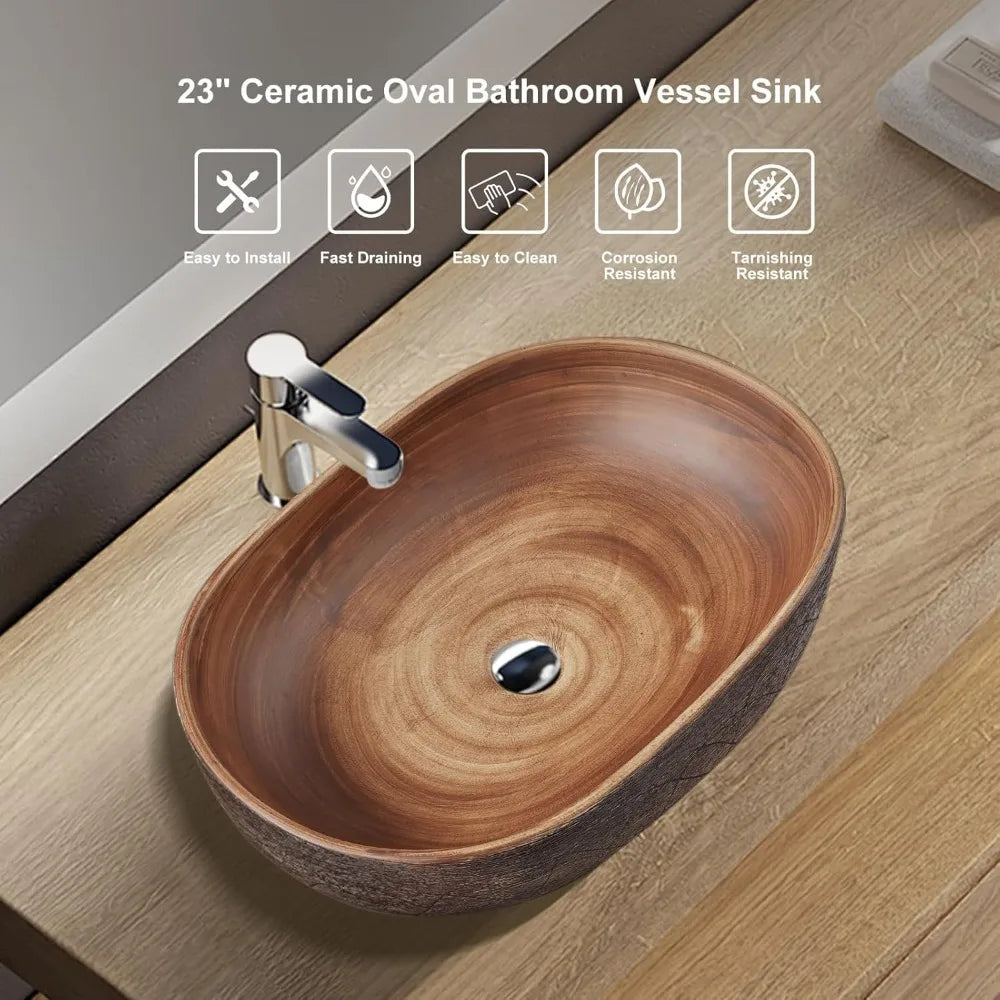 Bathroom Vessel Sink Oval Ceramic Washbasin Above Counter Retro Design