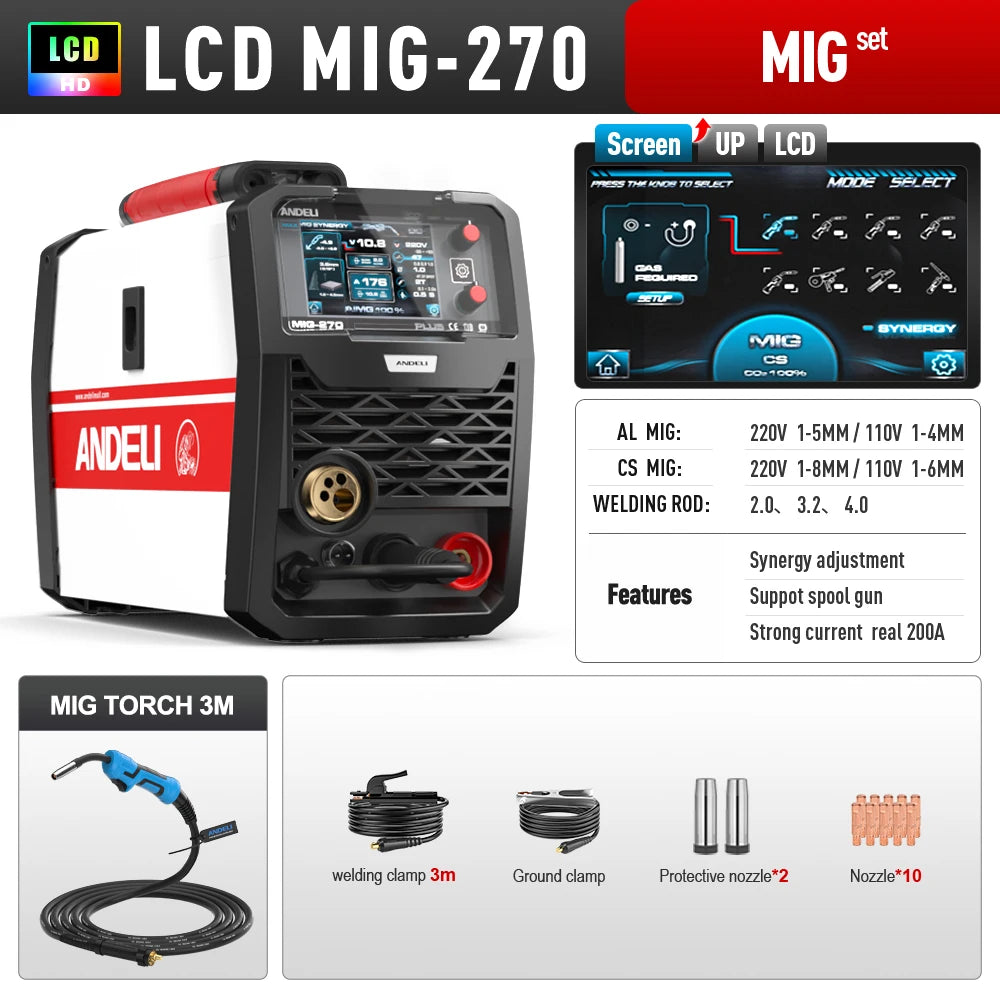 Andeli 200A Semi Automatic Welding Machine MIG TIG MMA Inverter Welder Spool Gun Compatible