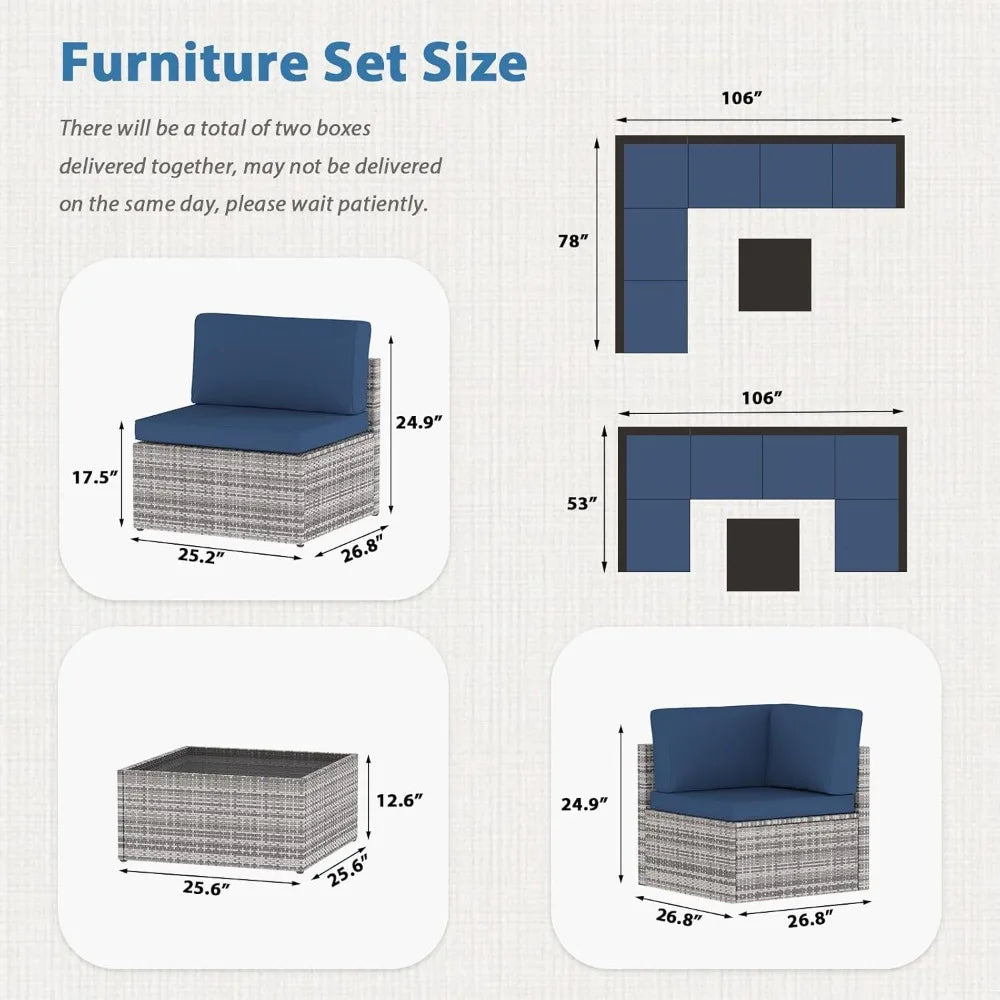7 Piece Outdoor Patio Furniture Set Sectional Conversation Sofa with Coffee Table L Shape Design for Garden and Deck