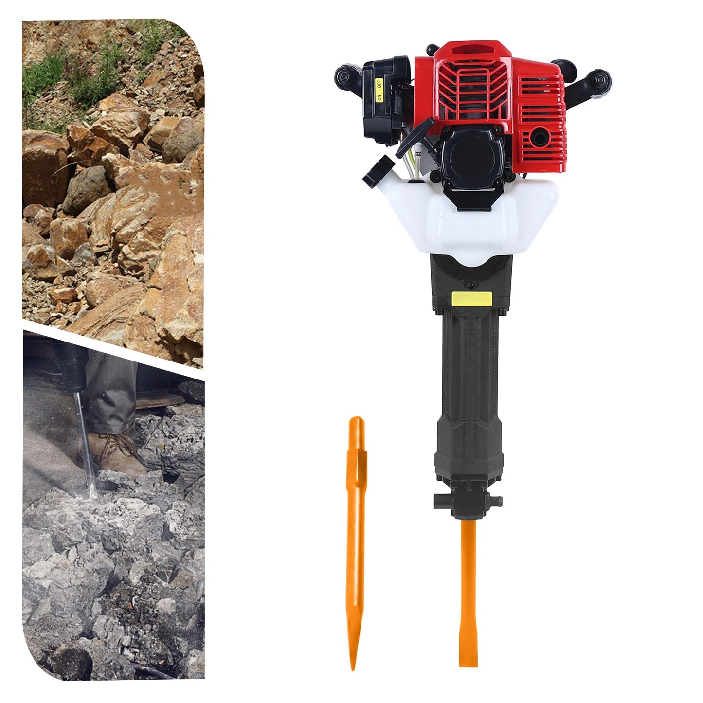 Demolition Jack Hammer 1900W, 52CC Gas Powered Breaker With 1500bpm Impact Frequency, 20-55J Impact Energy for Concrete Rock Breaking, Point & Flat Chisel