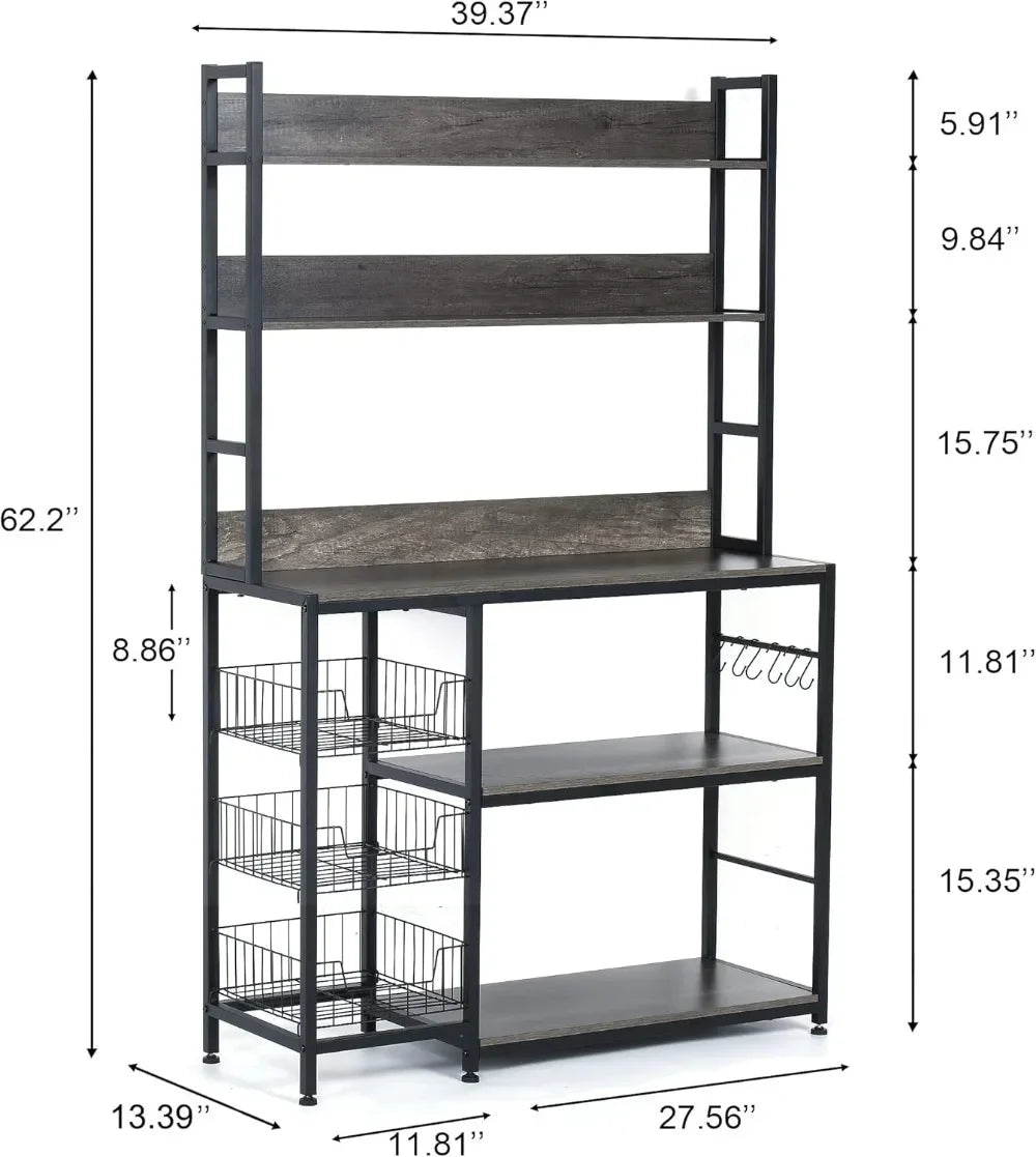 Kitchen Bakers Rack with Baskets 5 Tier Kitchen Utility Storage Shelf with Hooks Microwave Oven Stand Rack