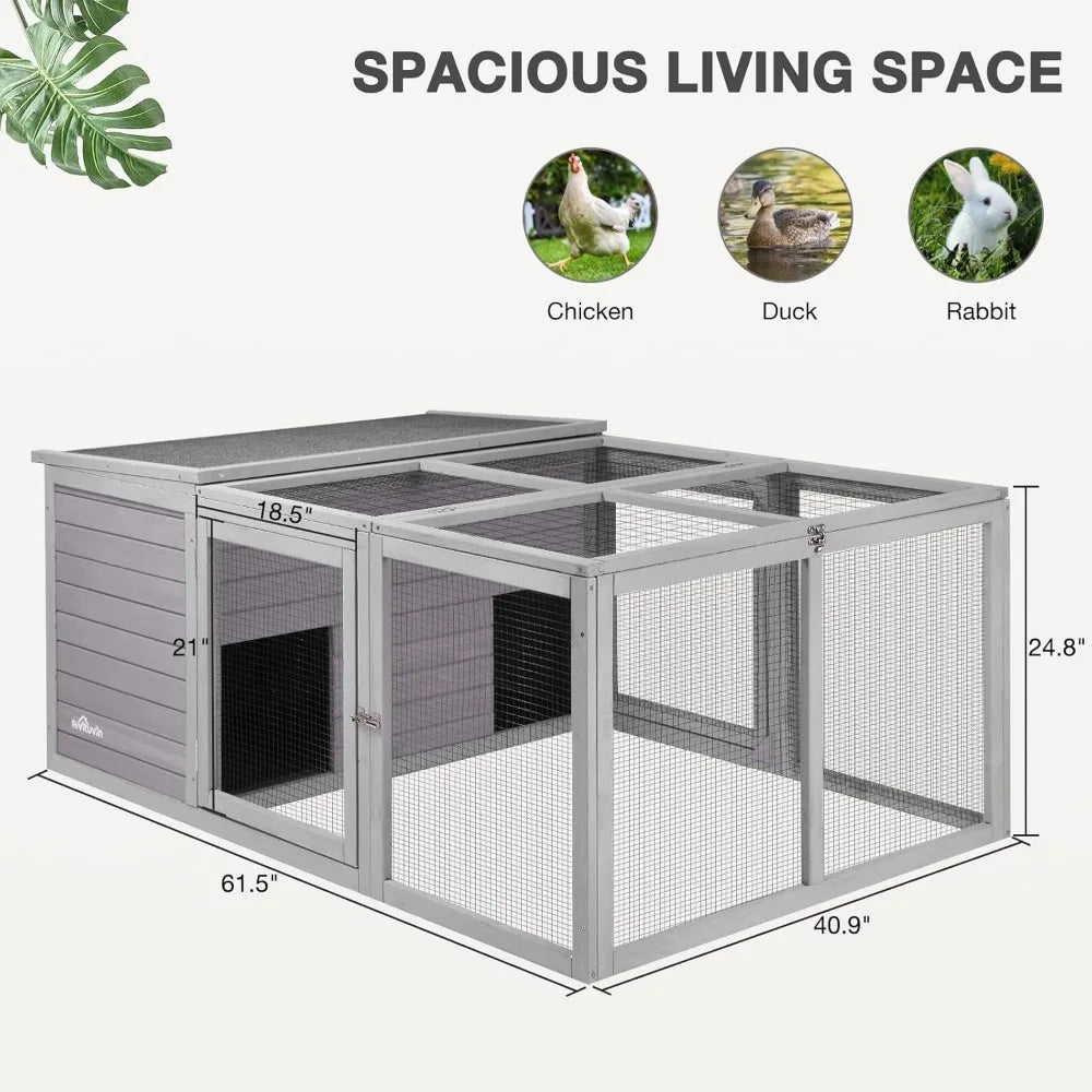 Large Wooden Chicken Coop and Rabbit Hutch Indoor Outdoor with Two Living Houses and PVC Layer for Chickens Ducks and Farm Animals