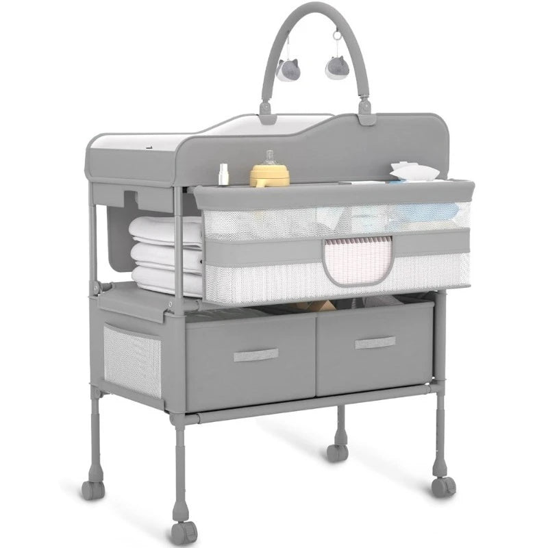 Baby Changing Table Versatile Folding Changing Table Waterproof Diaper Changing Station Adjustable Height with 2 Drawers Mobile Nursery for Infants