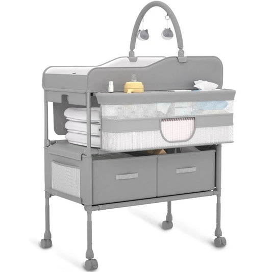 Baby Changing Table Versatile Folding Changing Table Waterproof Diaper Changing Station Adjustable Height with 2 Drawers Mobile Nursery for Infants